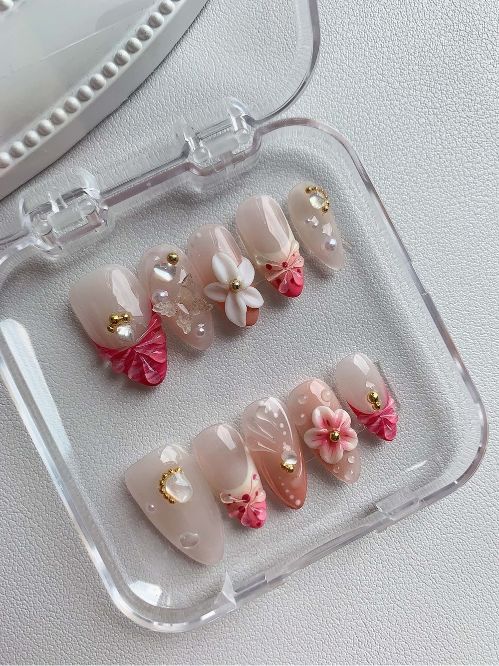 Delicate Pink 3D Floral Press-On Nails with Gold Accents